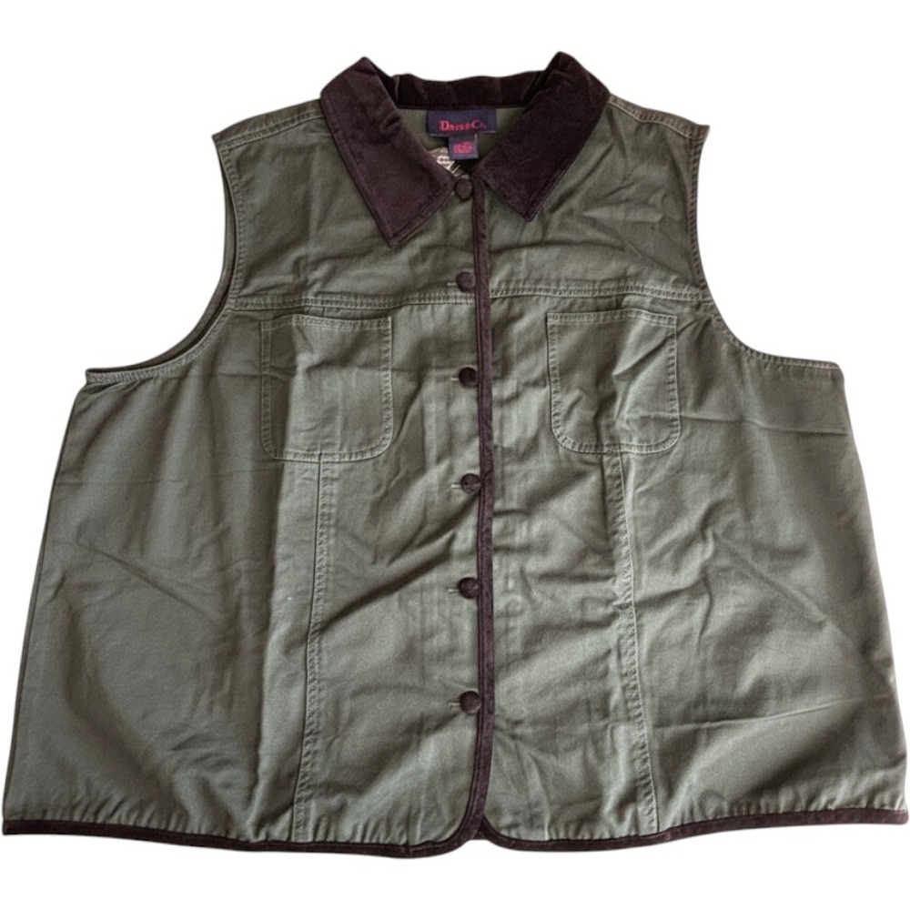 Denim & Co Womens Olive Green Cotton Vest Corduroy Trim Utility 2X Button Front